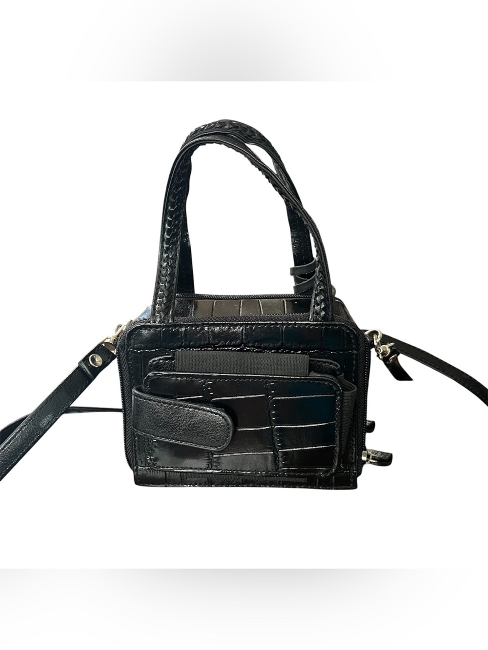 🖤 VINTAGE Brighton Black Croc-Embossed Leather Mini Box Crossbody Bag 🖤 - Picture 2 of 12